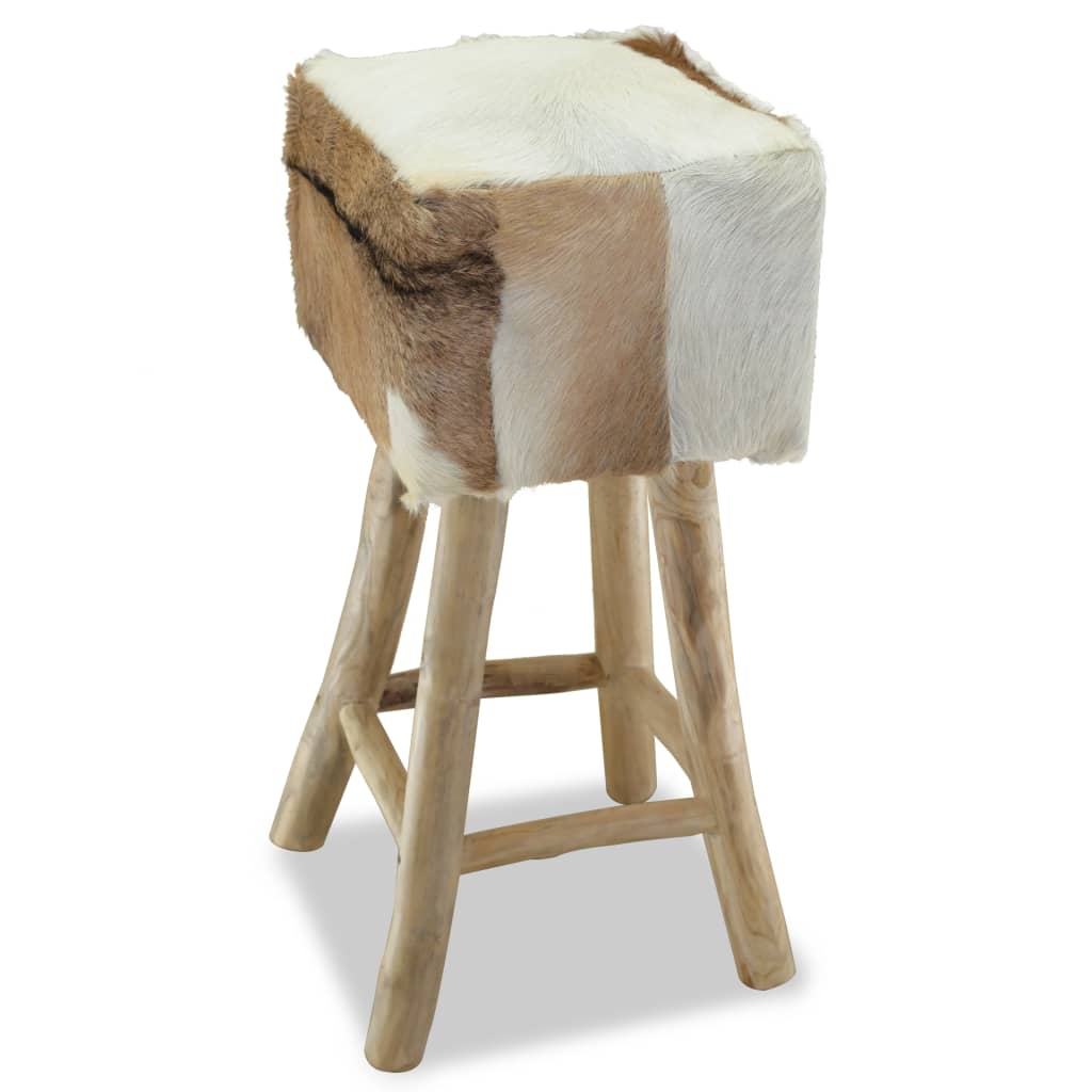 vidaXL Bar Stool Real Leather and Solid Teak Wood