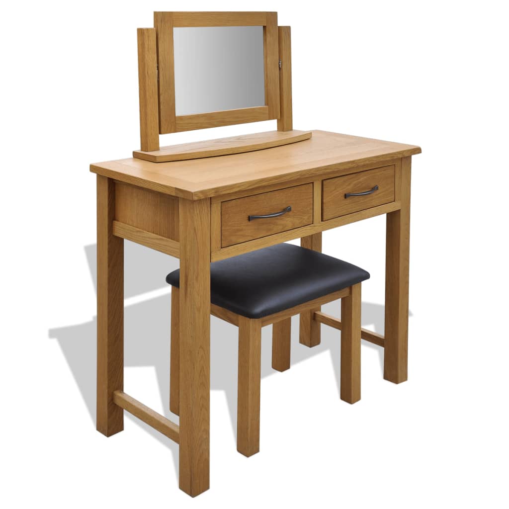 vidaXL Solid Oak Wood Dressing Table with Stool