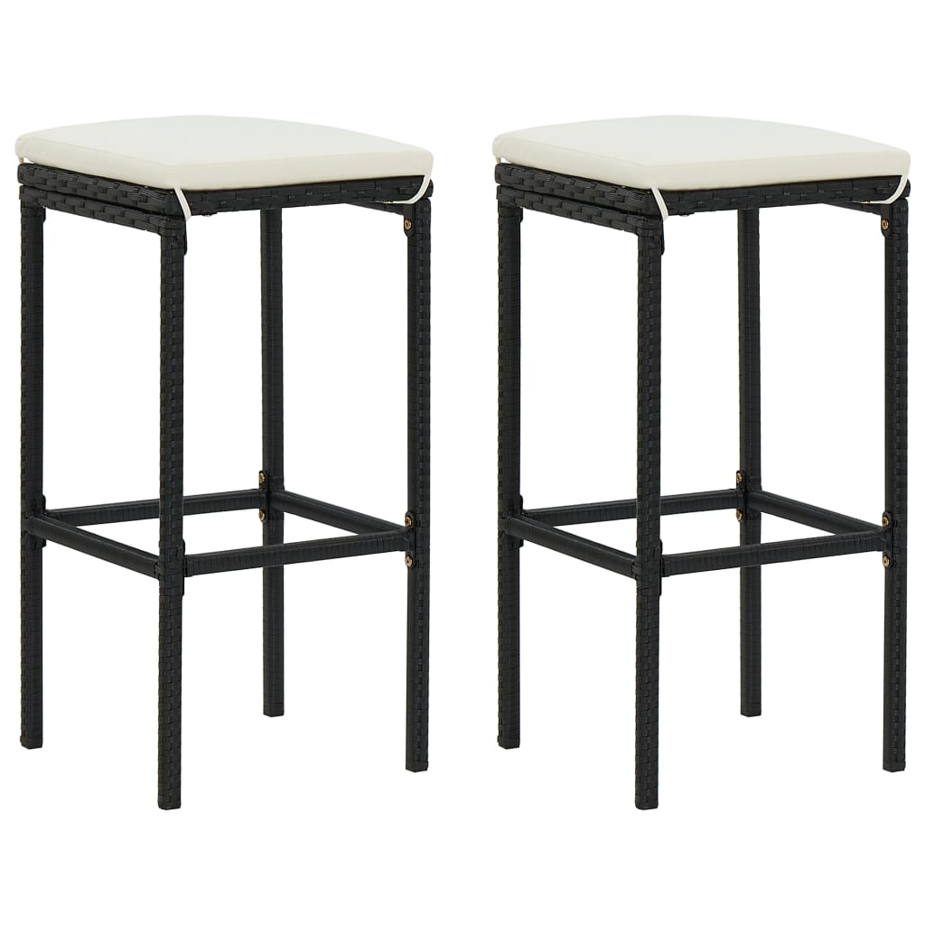 vidaXL Bar Stools with Cushions 2 pcs Black Poly Rattan