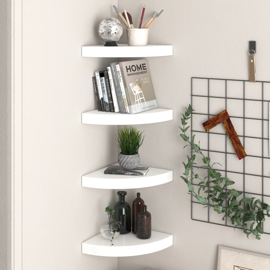 vidaXL Floating Corner Shelves 4 pcs High Gloss White 9.8"x9.8"x1.5" MDF