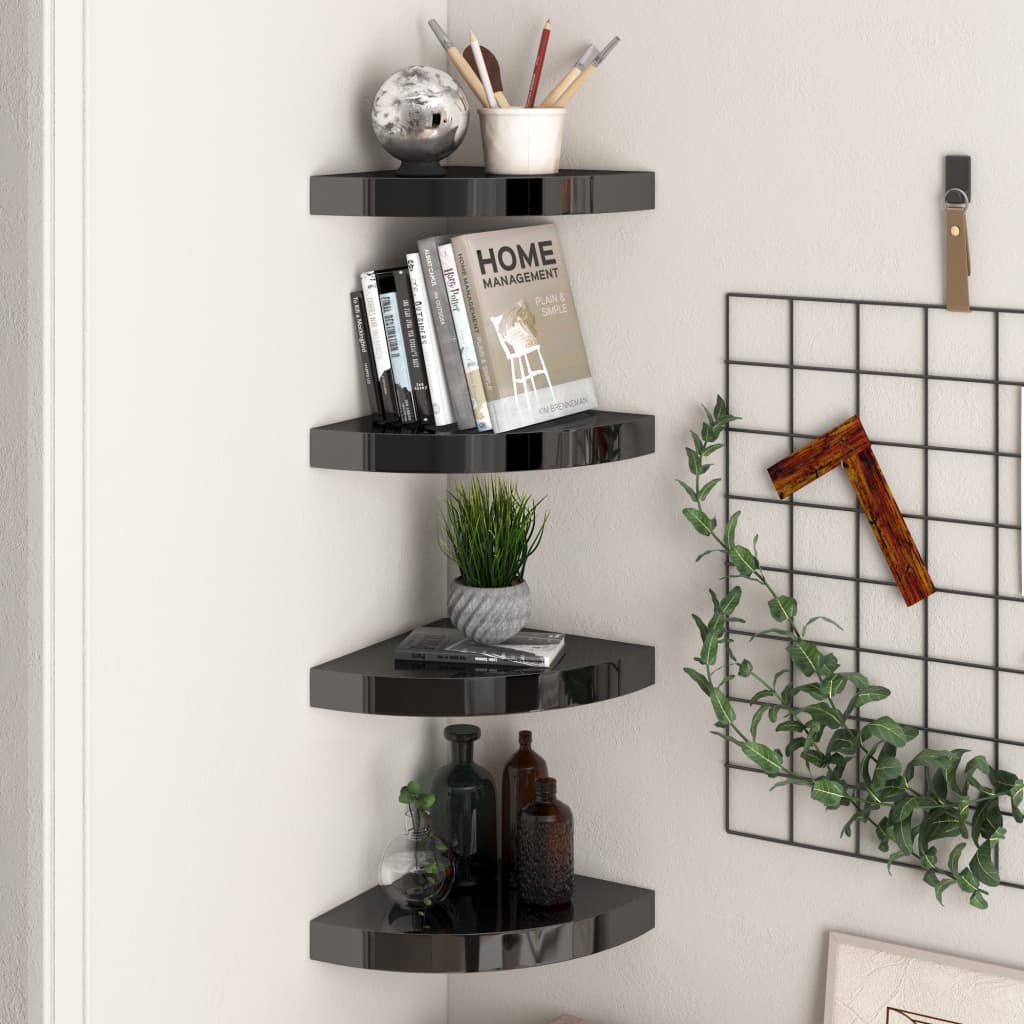 vidaXL Floating Corner Shelves 4 pcs High Gloss Black 9.8"x9.8"x1.5" MDF