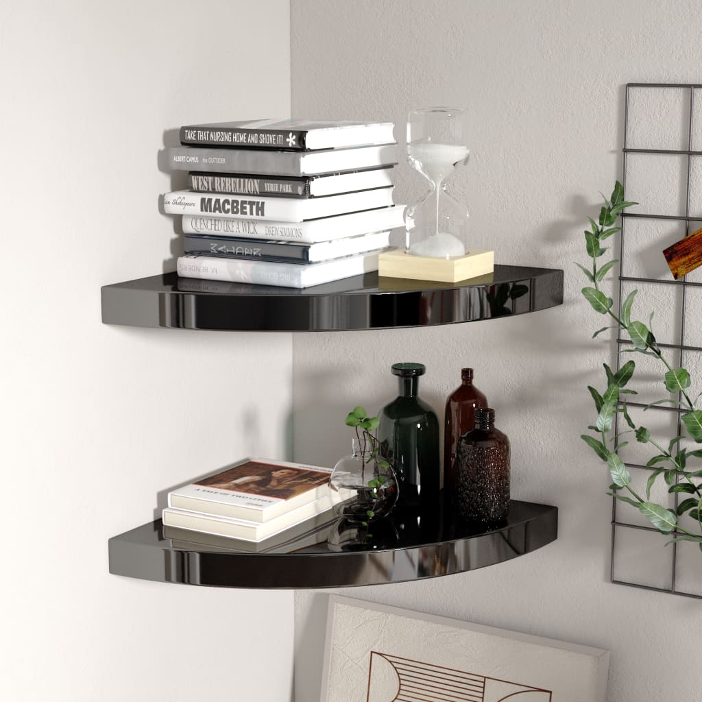 vidaXL Floating Corner Shelves 2 pcs High Gloss Black 13.8"x13.8"x1.5" MDF