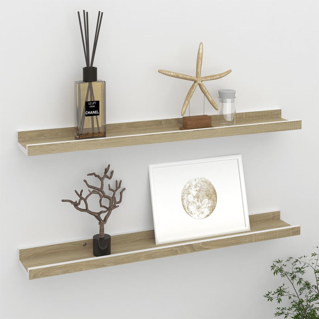 vidaXL Wall Shelves 2 pcs White and Sonoma Oak 23.6"x3.5"x1.2"