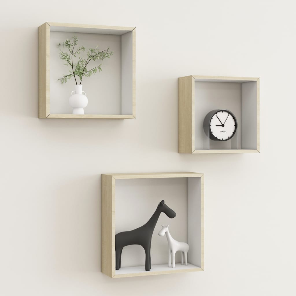 vidaXL Wall Cube Shelves 3 pcs White and Sonoma Oak