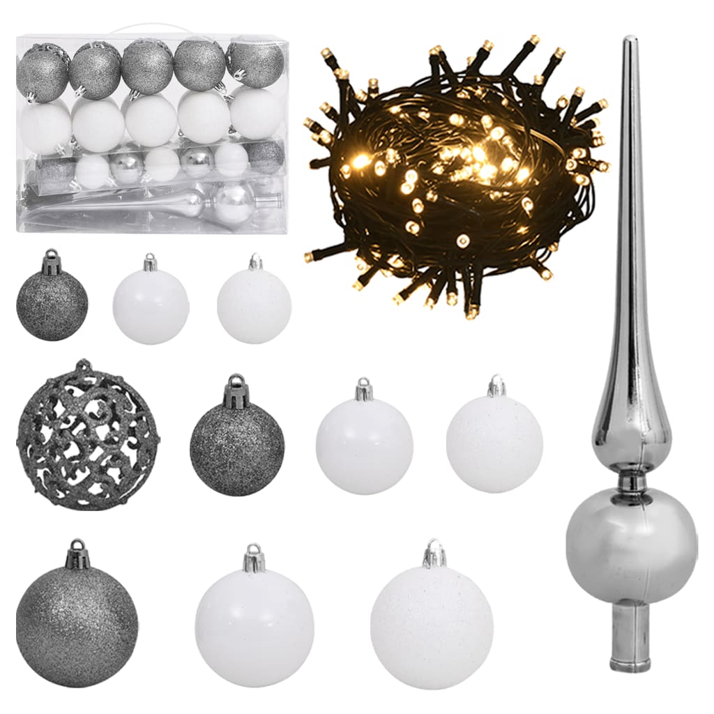 vidaXL 61 Piece Christmas Ball Set with Peak and 150 LEDs White&Gey