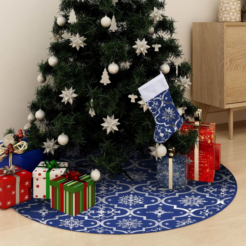 vidaXL Luxury Christmas Tree Skirt with Sock Blue 35.4" Fabric