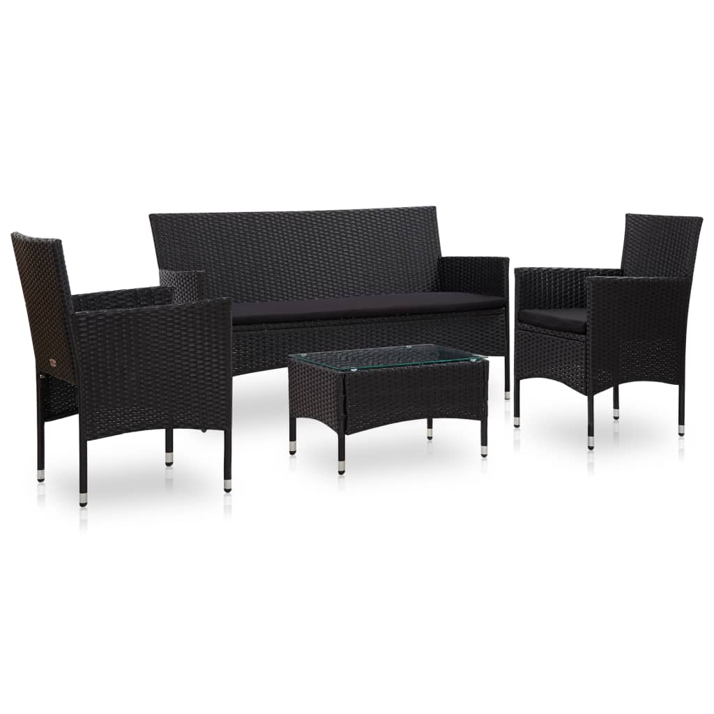 vidaXL 4 Piece Patio Lounge Set With Cushions Poly Rattan Black