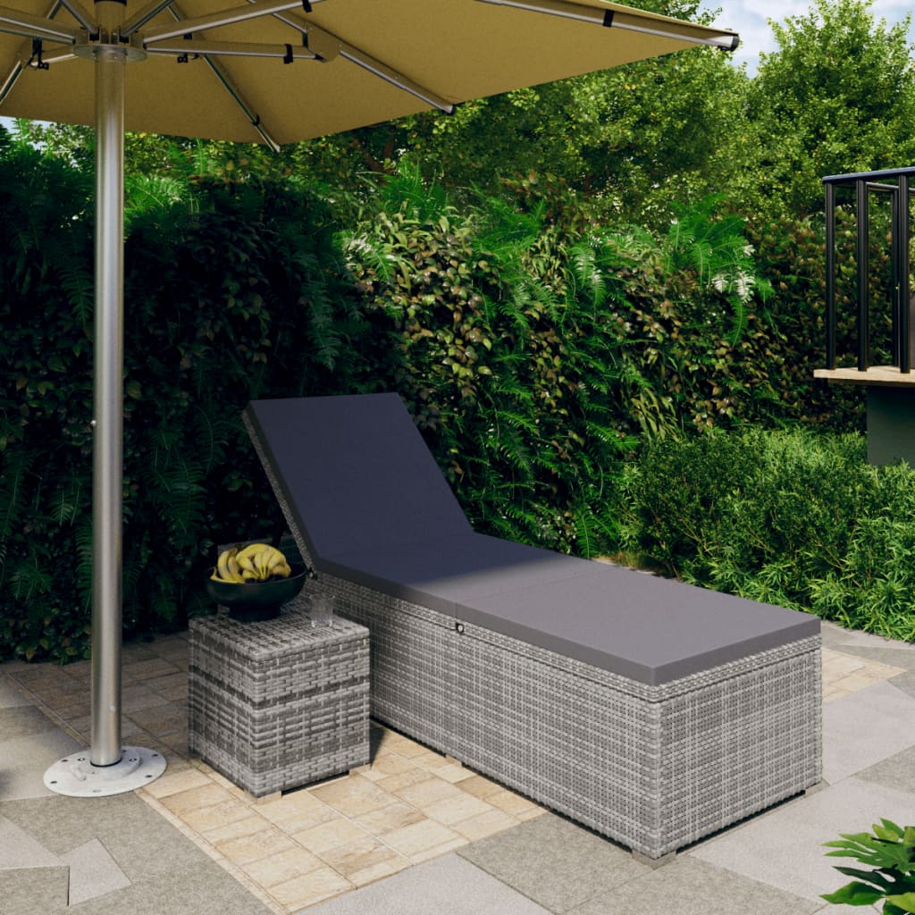 vidaXL Sun Lounger with Cushion and Tea Table Poly Rattan Gray