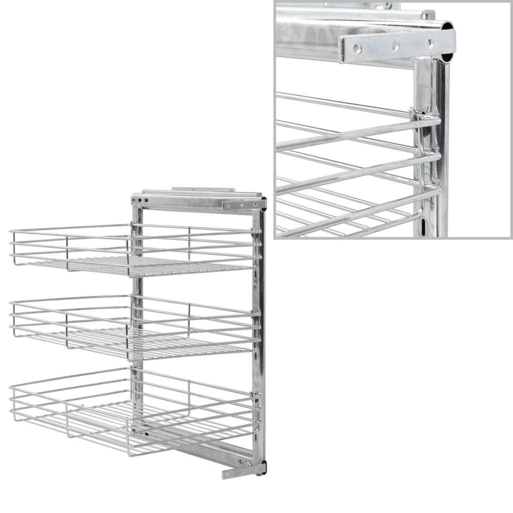 vidaXL 3-Tier Pull-out Kitchen Wire Basket Silver 18.5"x13.8"x22"