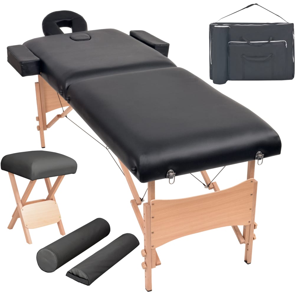 vidaXL 2-Zone Folding Massage Table and Stool Set 3.9" Thick Black