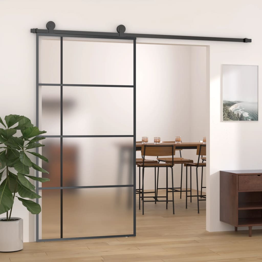 vidaXL Sliding Door Frosted ESG Glass and Aluminum 40.4"x80.7" Black