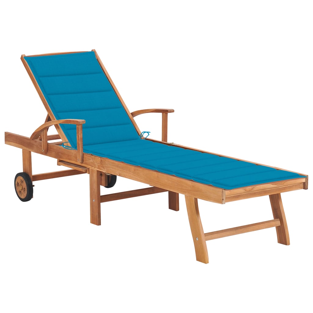 vidaXL Sun Lounger with Blue Cushion Solid Teak Wood