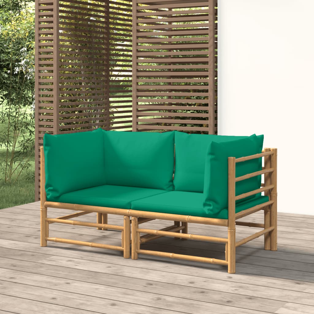 vidaXL Patio Corner Sofas with Green Cushions 2 pcs Bamboo