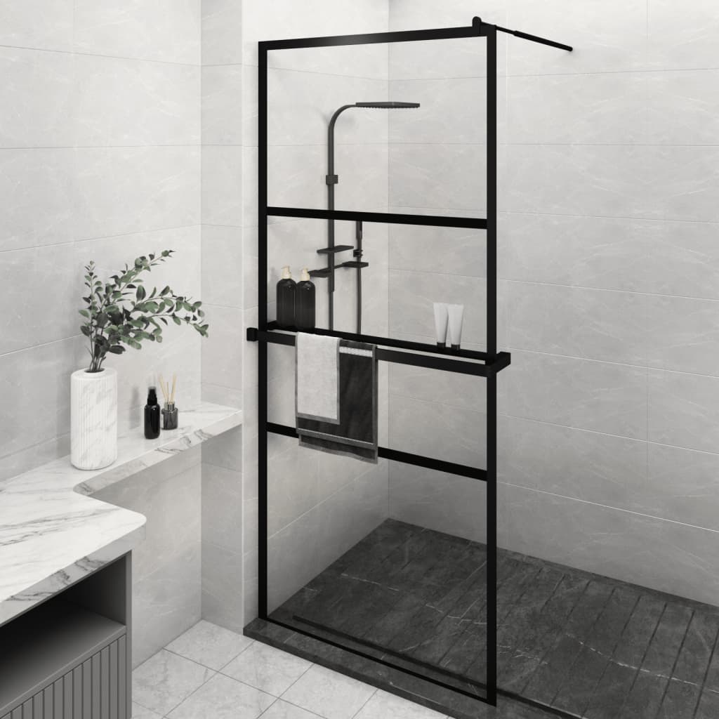 vidaXL Walk-in Shower Wall with Shelf Black 35.4"x76.8" ESG Glass&Aluminum