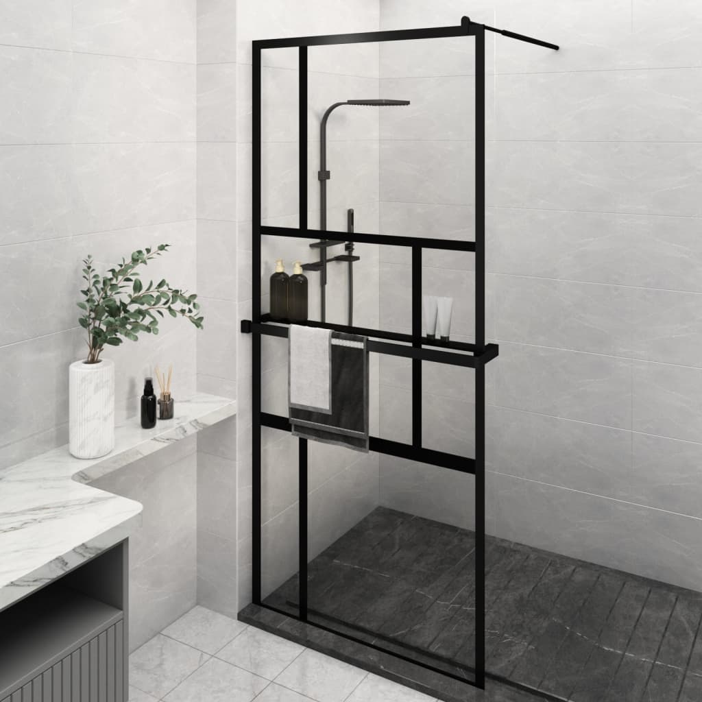 vidaXL Walk-in Shower Wall with Shelf Black 39.4"x76.8" ESG Glass&Aluminum