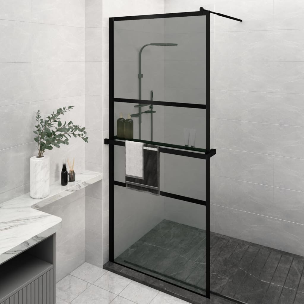 vidaXL Walk-in Shower Wall with Shelf Black 39.4"x76.8" ESG Glass&Aluminum