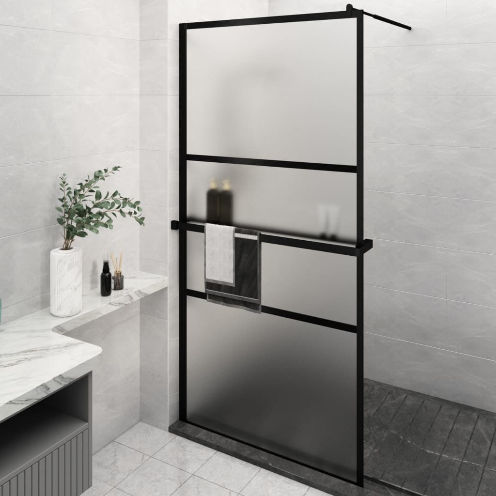 vidaXL Walk-in Shower Wall with Shelf Black 45.3"x76.8" ESG Glass&Aluminum