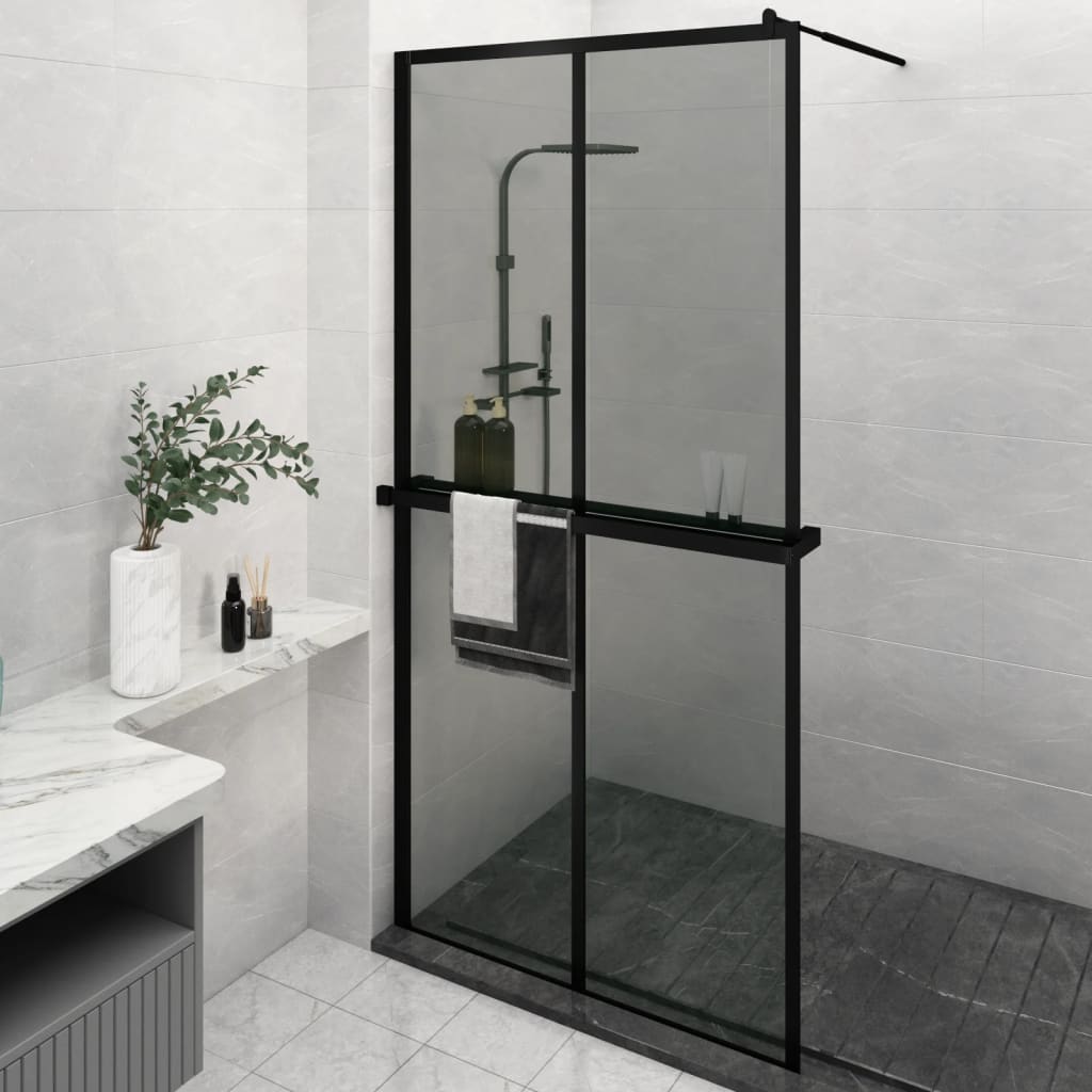 vidaXL Walk-in Shower Wall with Shelf Black 46.5"x74.8" ESG Glass&Aluminum