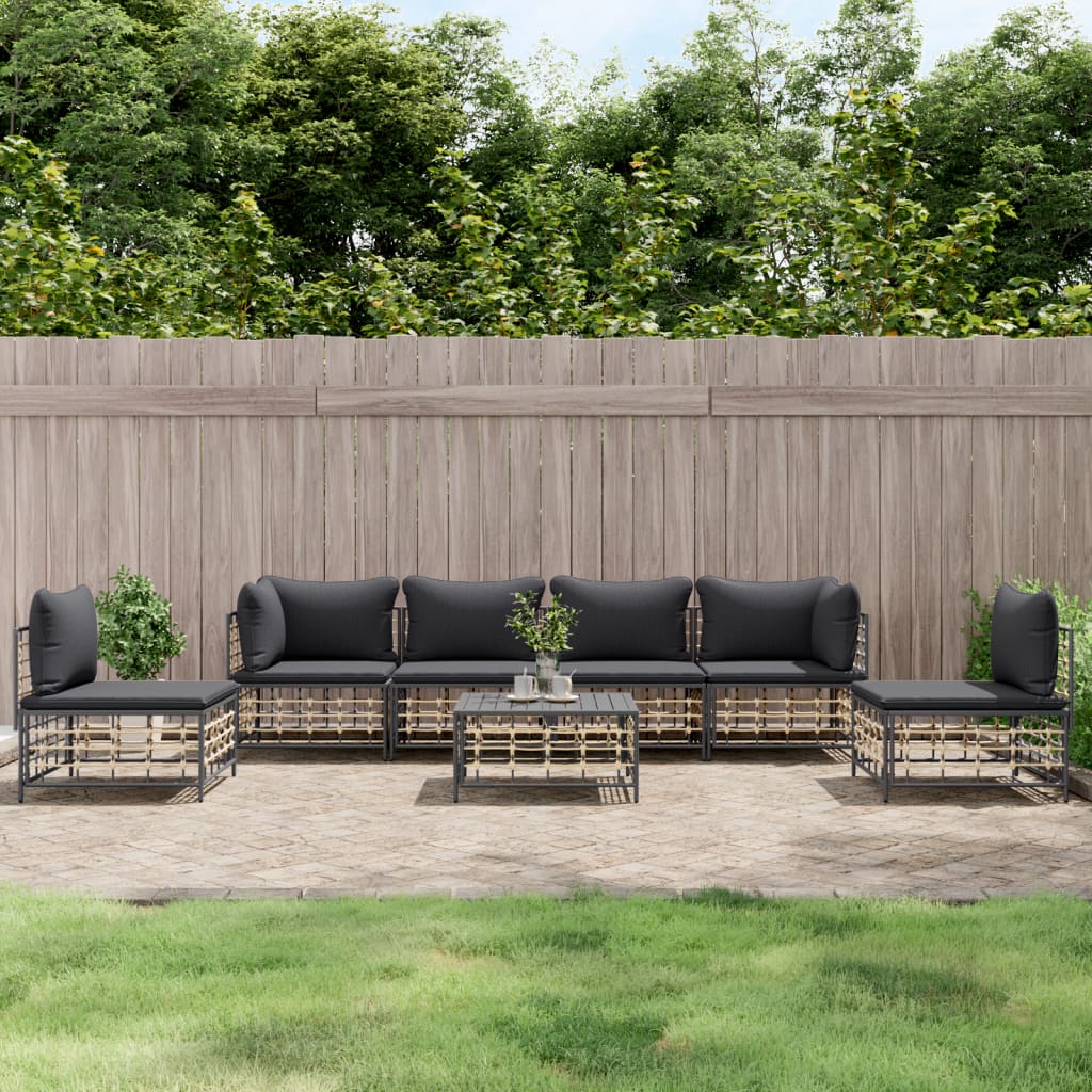 vidaXL 7 Piece Patio Lounge Set with Cushions Anthracite Poly Rattan