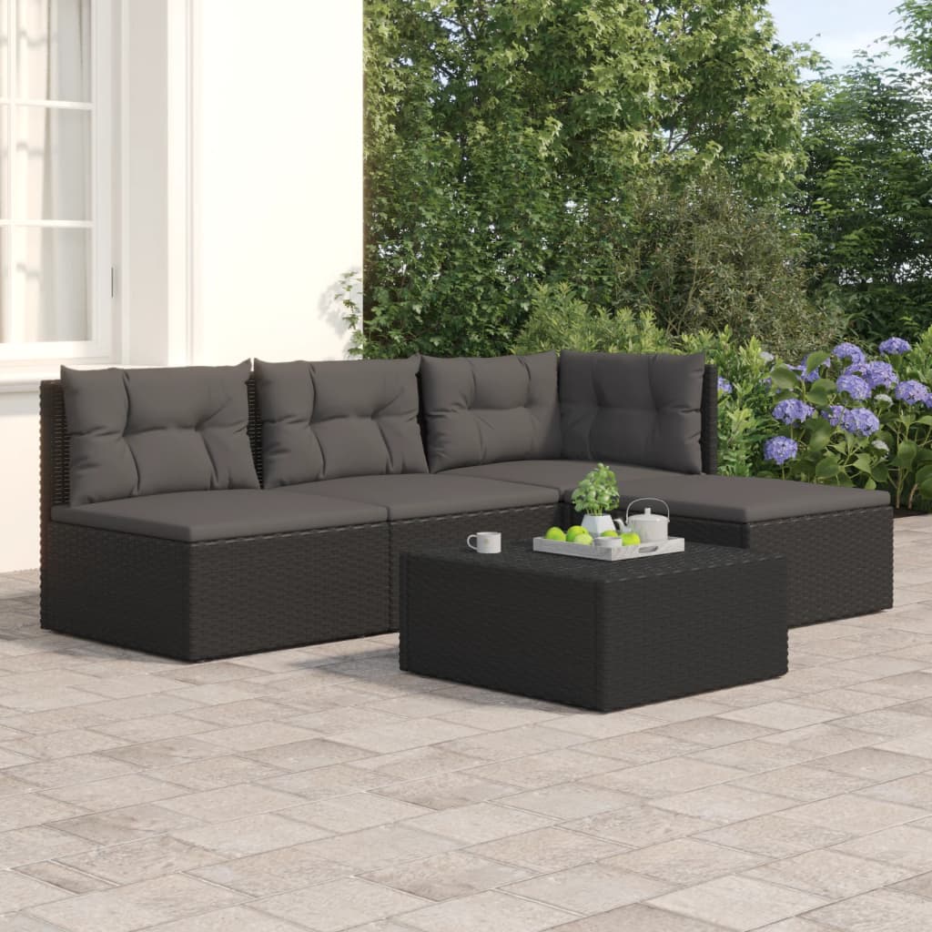 vidaXL 4 Piece Patio Lounge Set with Cushions Black Poly Rattan