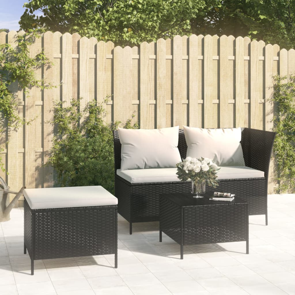 vidaXL 3 Piece Patio Lounge Set with Cushions Black Poly Rattan