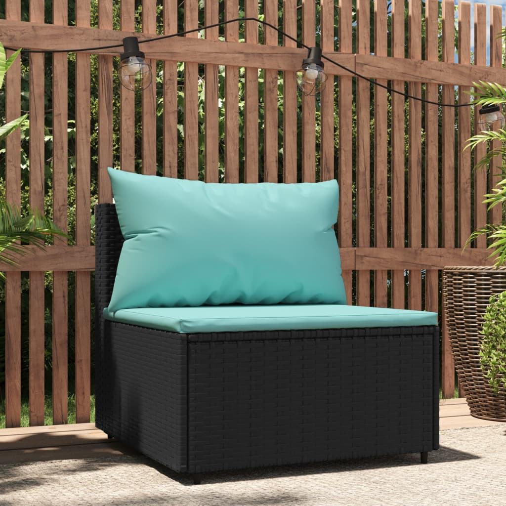 vidaXL Patio Middle Sofa with Cushions Black Poly Rattan