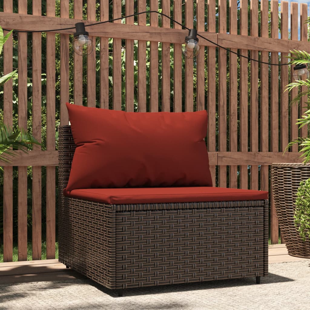 vidaXL Patio Middle Sofa with Cushions Brown Poly Rattan