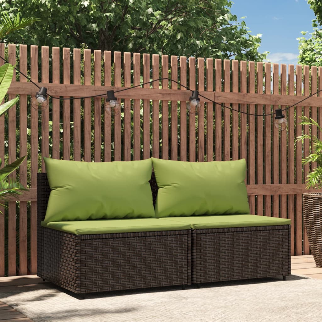 vidaXL Patio Middle Sofas with Cushions 2 pcs Brown Poly Rattan