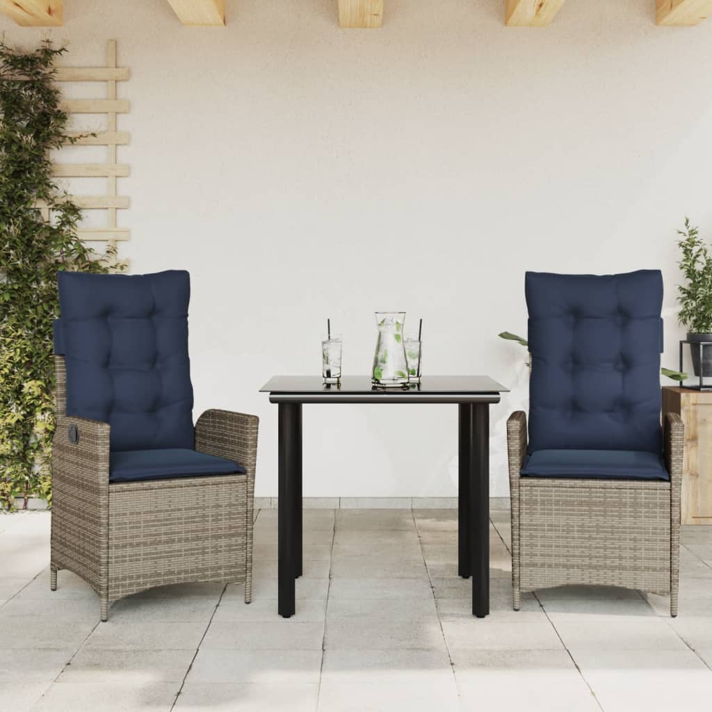 vidaXL 3 Piece Patio Dining Set with Cushions Gray Poly Rattan