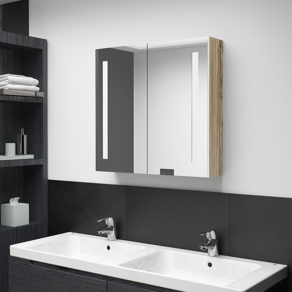 vidaXL LED Bathroom Mirror Cabinet White and Oak 24.4"x5.5"x23.6"