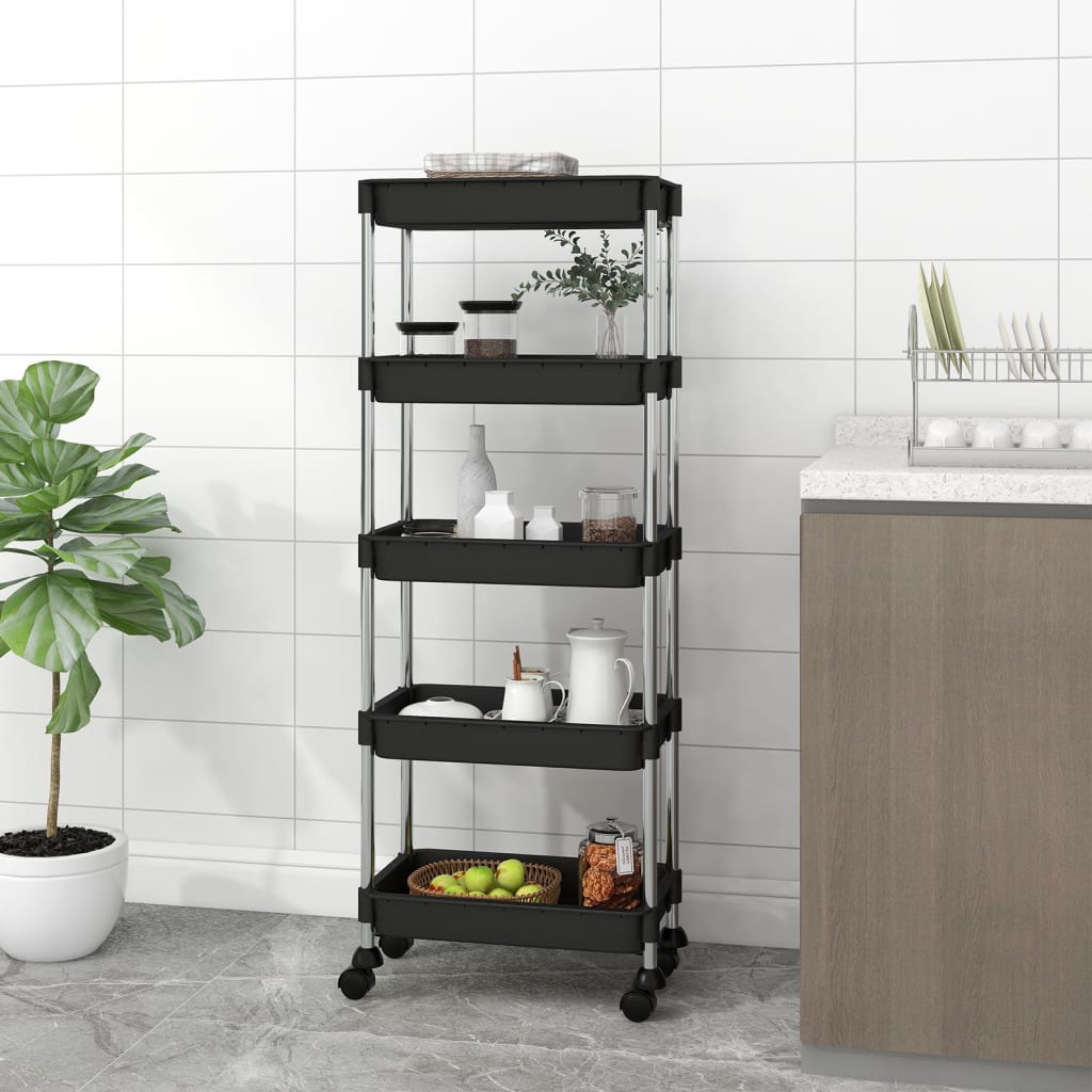 vidaXL 5-Tier Kitchen Trolley Black 16.5"x11.4"x50.4" Iron and ABS