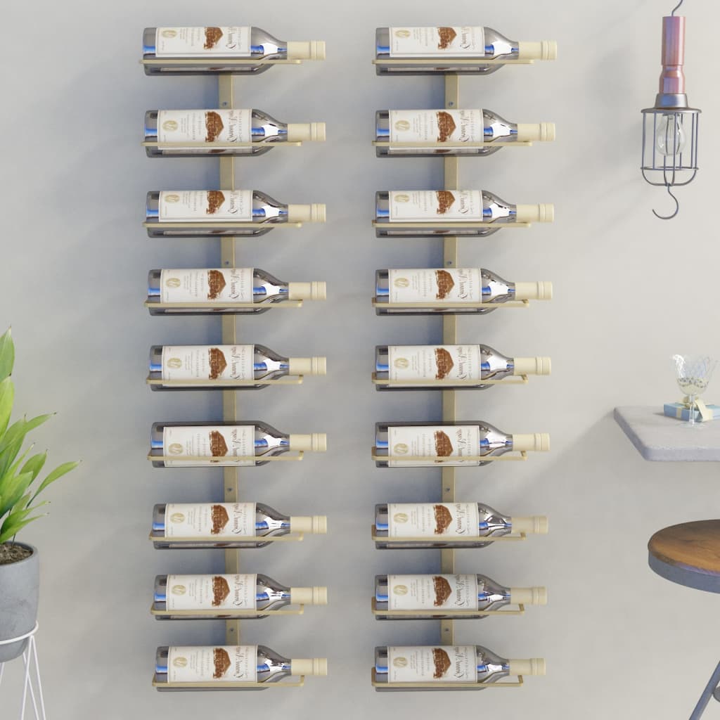 vidaXL Wall-mounted Wine Rack for 9 Bottles 2 pcs Gold Iron