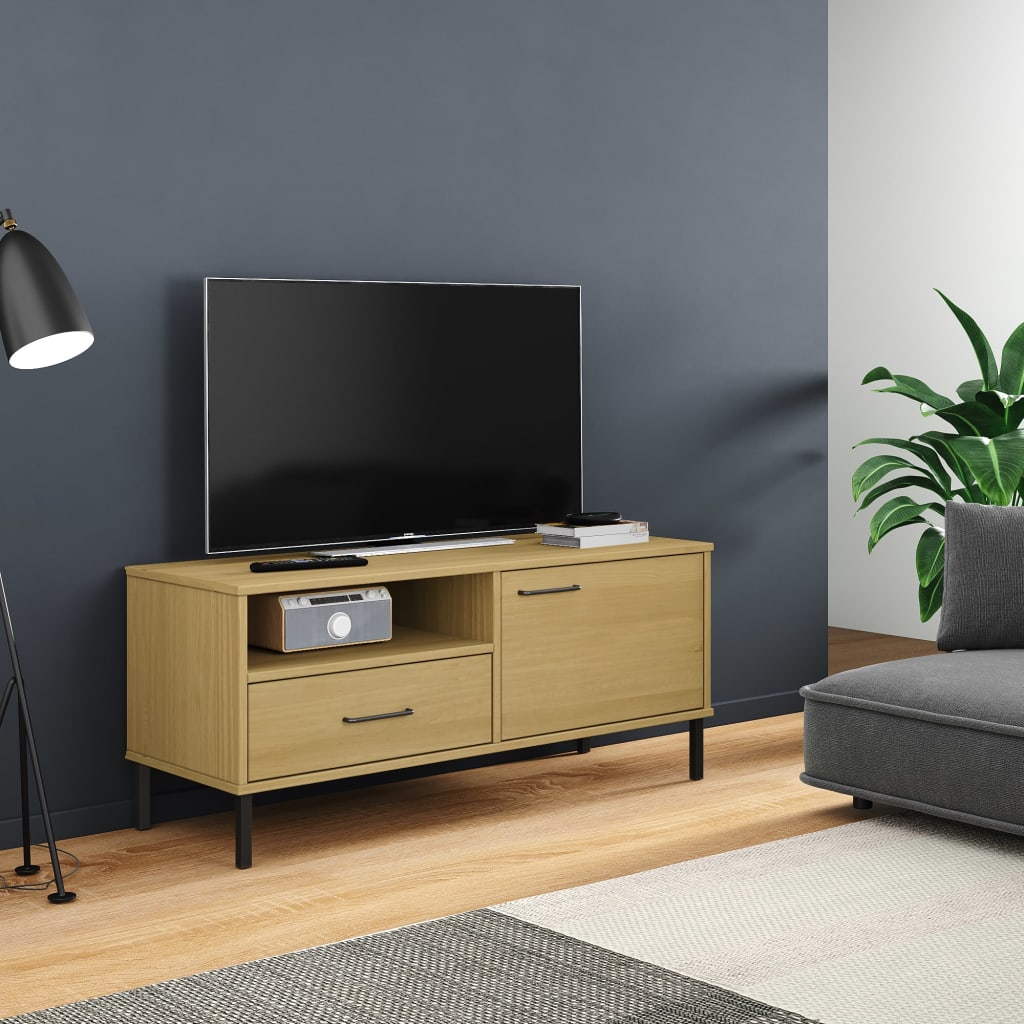 vidaXL TV Stand with Metal Legs Brown Solid Wood Pine OSLO