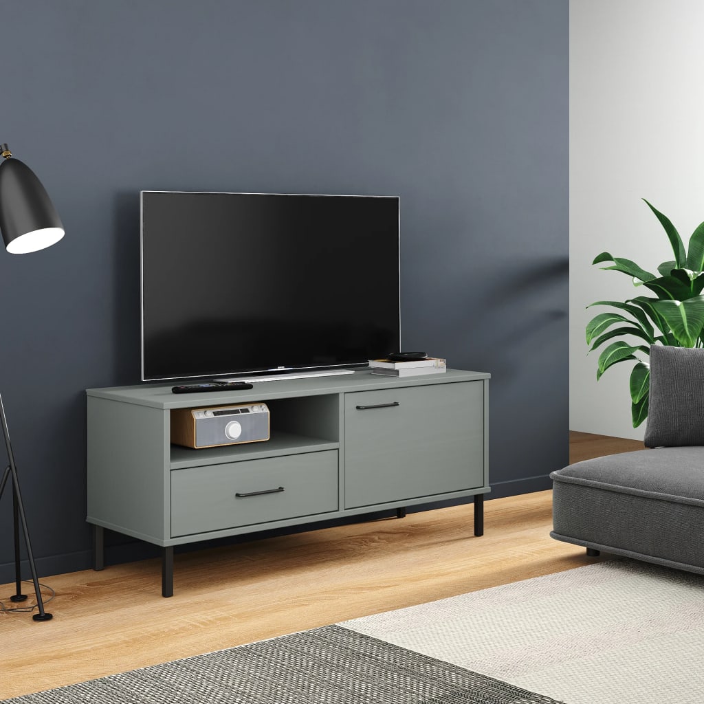 vidaXL TV Stand with Metal Legs Gray Solid Wood Pine OSLO