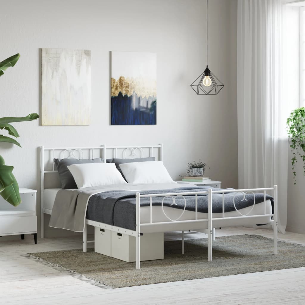 vidaXL Metal Bed Frame with Headboard and Footboard White 59.1"x78.7"