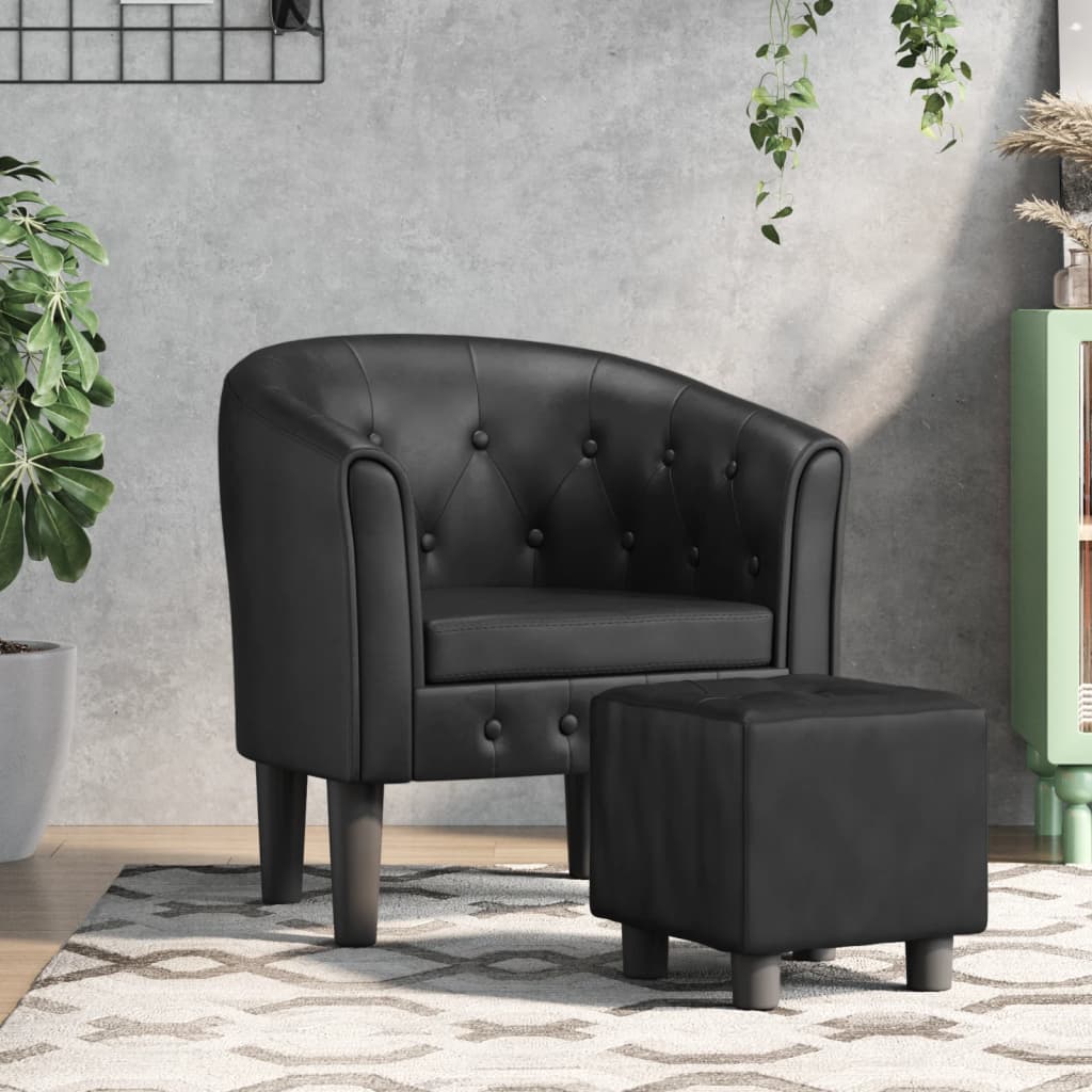 vidaXL Tub Chair with Footstool Black Faux Leather