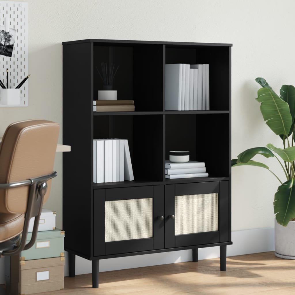 vidaXL Bookcase SENJA Rattan Look Black 35.4"x13.8"x51.2" Solid Wood Pine