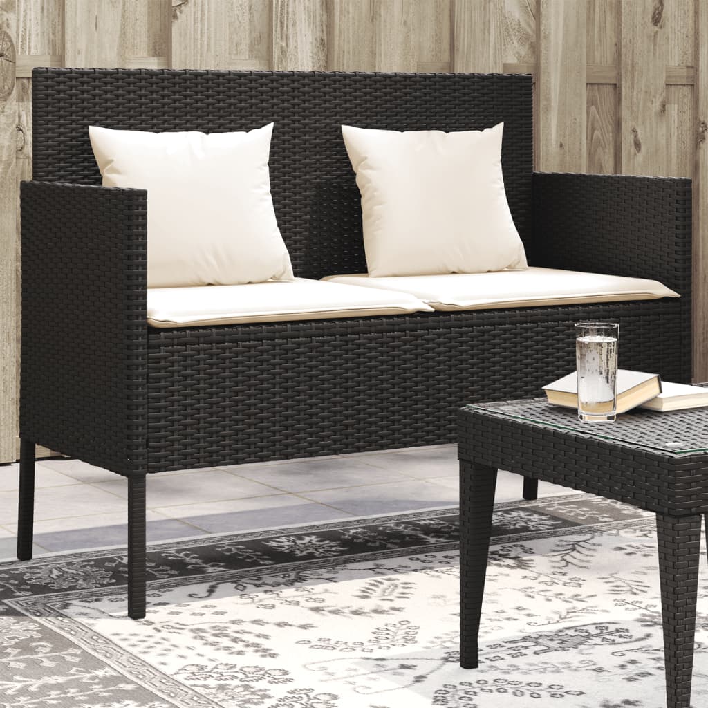 vidaXL Patio Bench with Cushions Black Poly Rattan