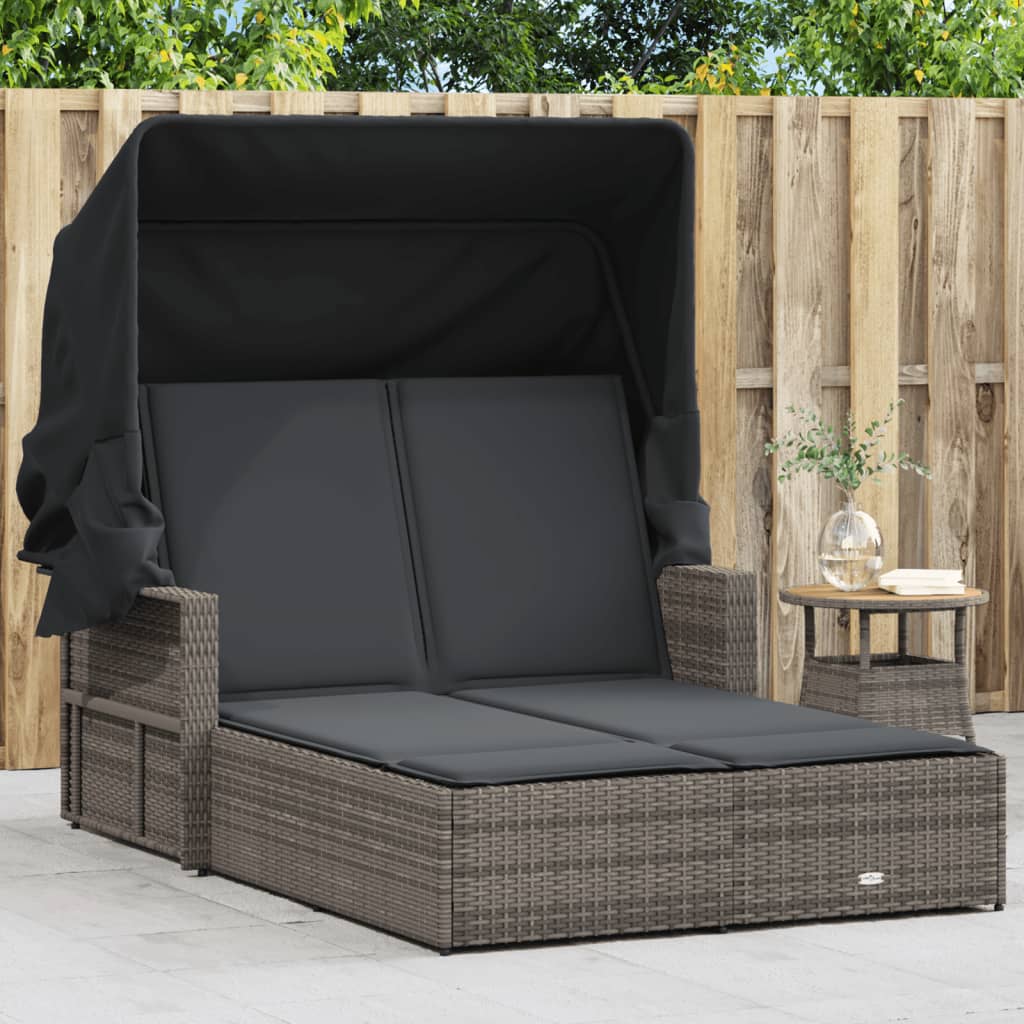 vidaXL Double Sun Lounger with Canopy and Cushions Gray Poly Rattan