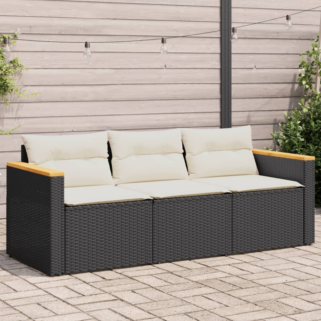 vidaXL Patio Sofa with Cushions 3-Seater Black Poly Rattan