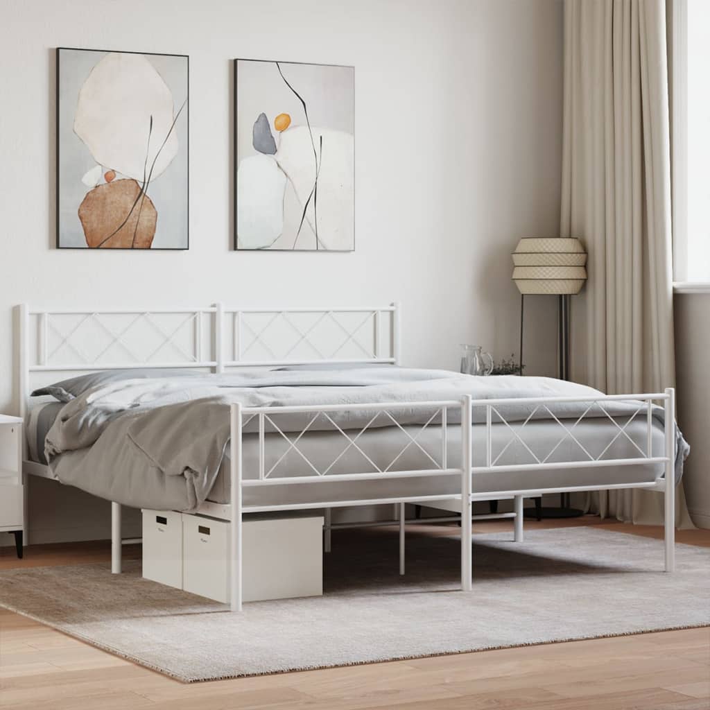 vidaXL Metal Bed Frame with Headboard and Footboard White 53.1"x74.8"