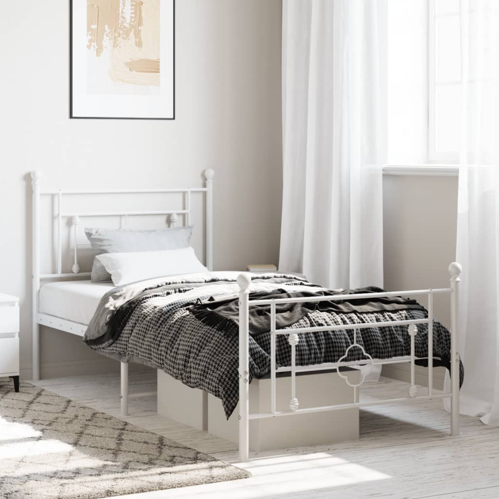 vidaXL Metal Bed Frame with Headboard and Footboard White 39.4"x78.7"