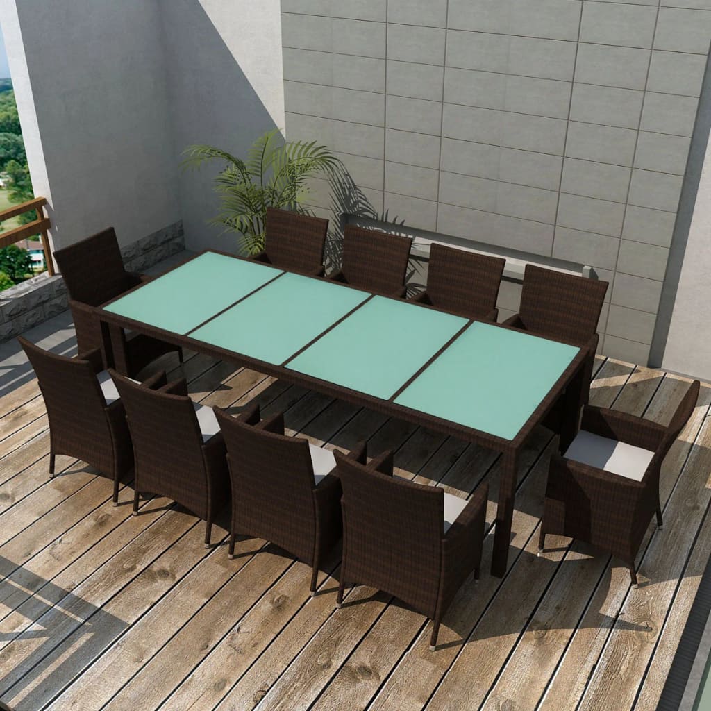 vidaXL 11 Piece Patio Dining Set with Cushions Poly Rattan Brown