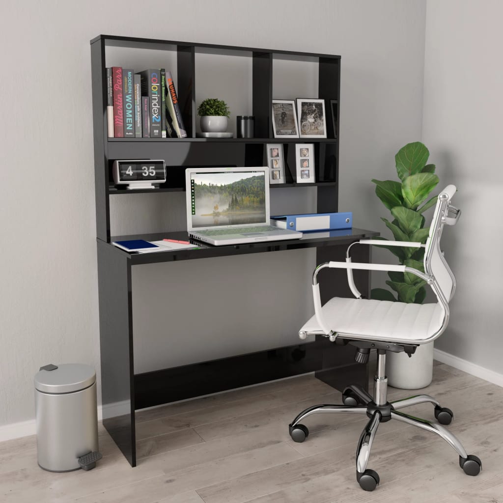 vidaXL Desk with Shelves High Gloss Black 43.3" x 17.7" x 61.8" Engineered Wood