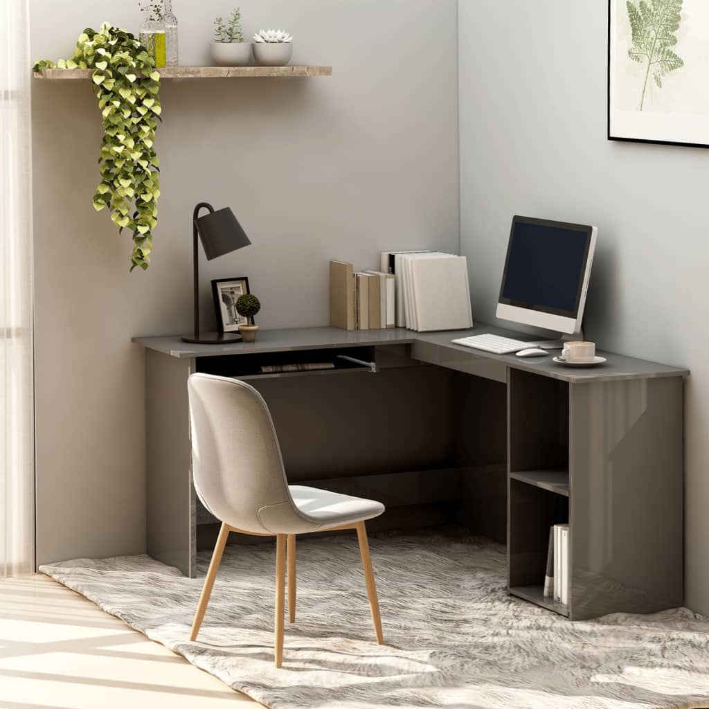 vidaXL L-Shaped Corner Desk High Gloss Gray 47.2" x 55.1" x 29.5" Engineered Wood