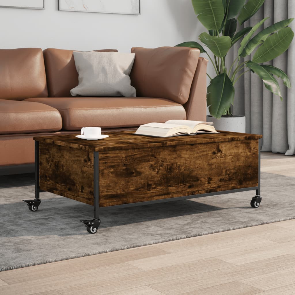 vidaXL Coffee Table withWheels Smoked Oak 35.8"x21.7"x13.4" EngineeredWood