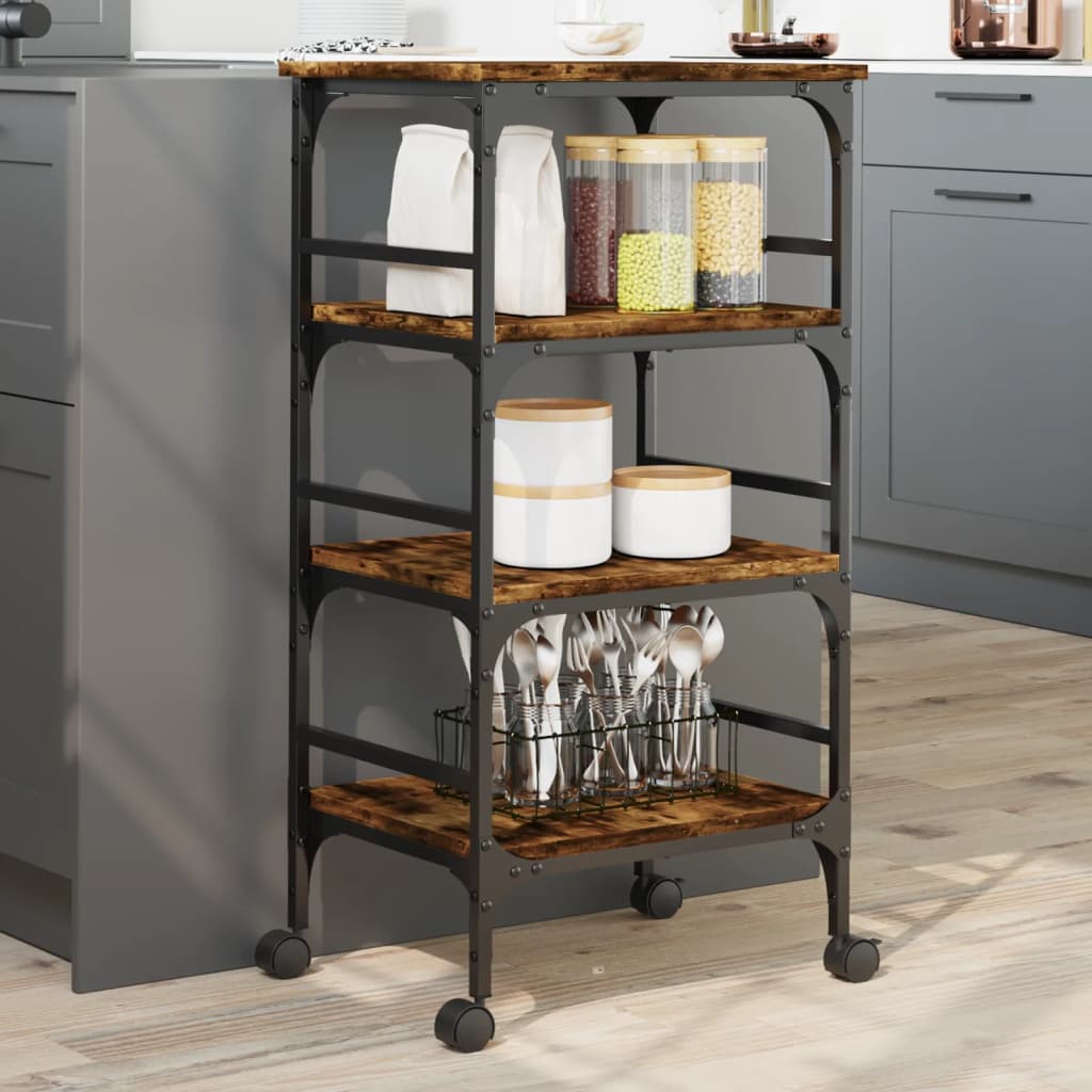 vidaXL Kitchen Trolley Smoked Oak 17.7"x13.8"x35.2" Engineered Wood