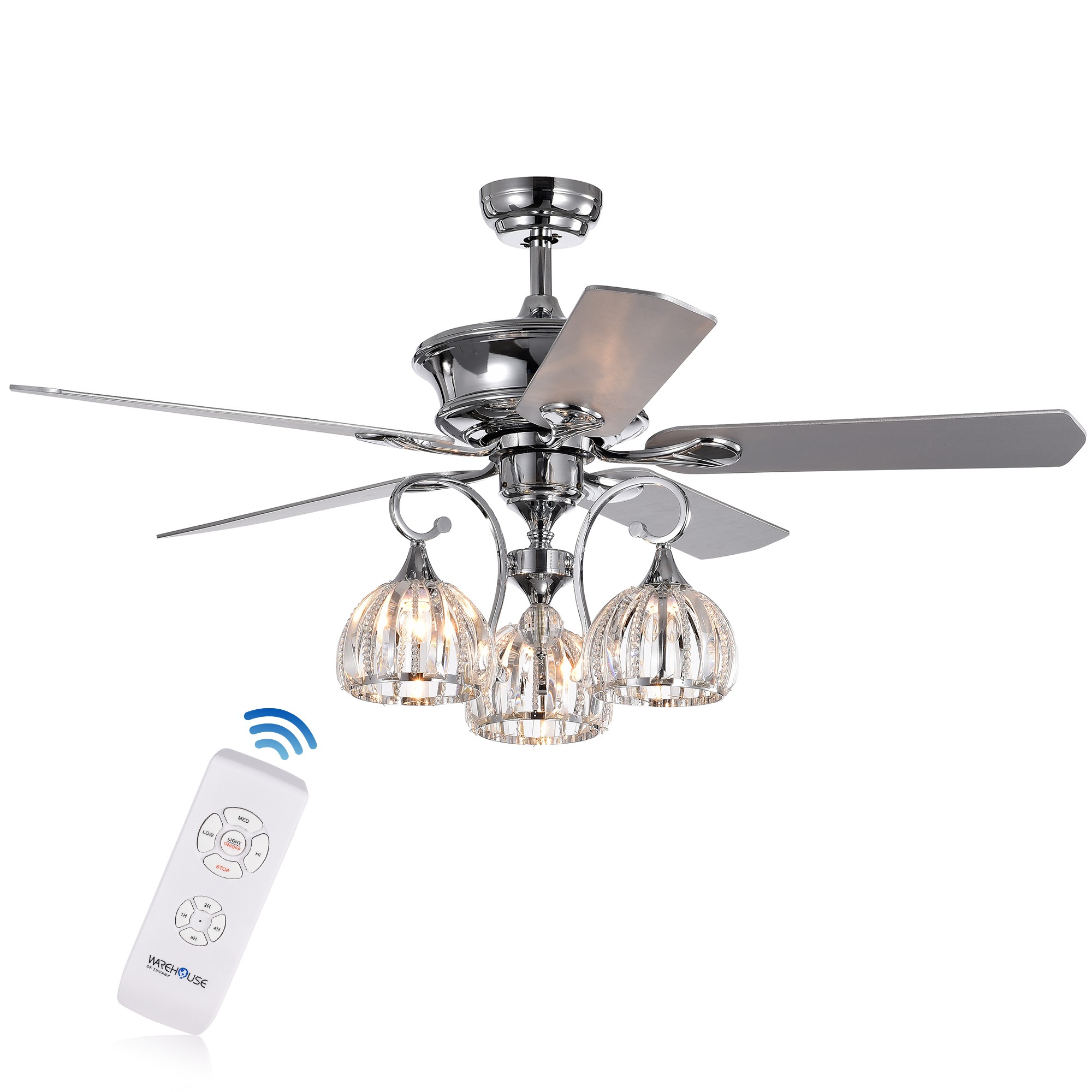 Mavyn Chrome 5-Blade 52-Inch 3-Light Lighted Ceiling Fan w Crystal Chandelier 2 Blade Colors (Optional Remote)