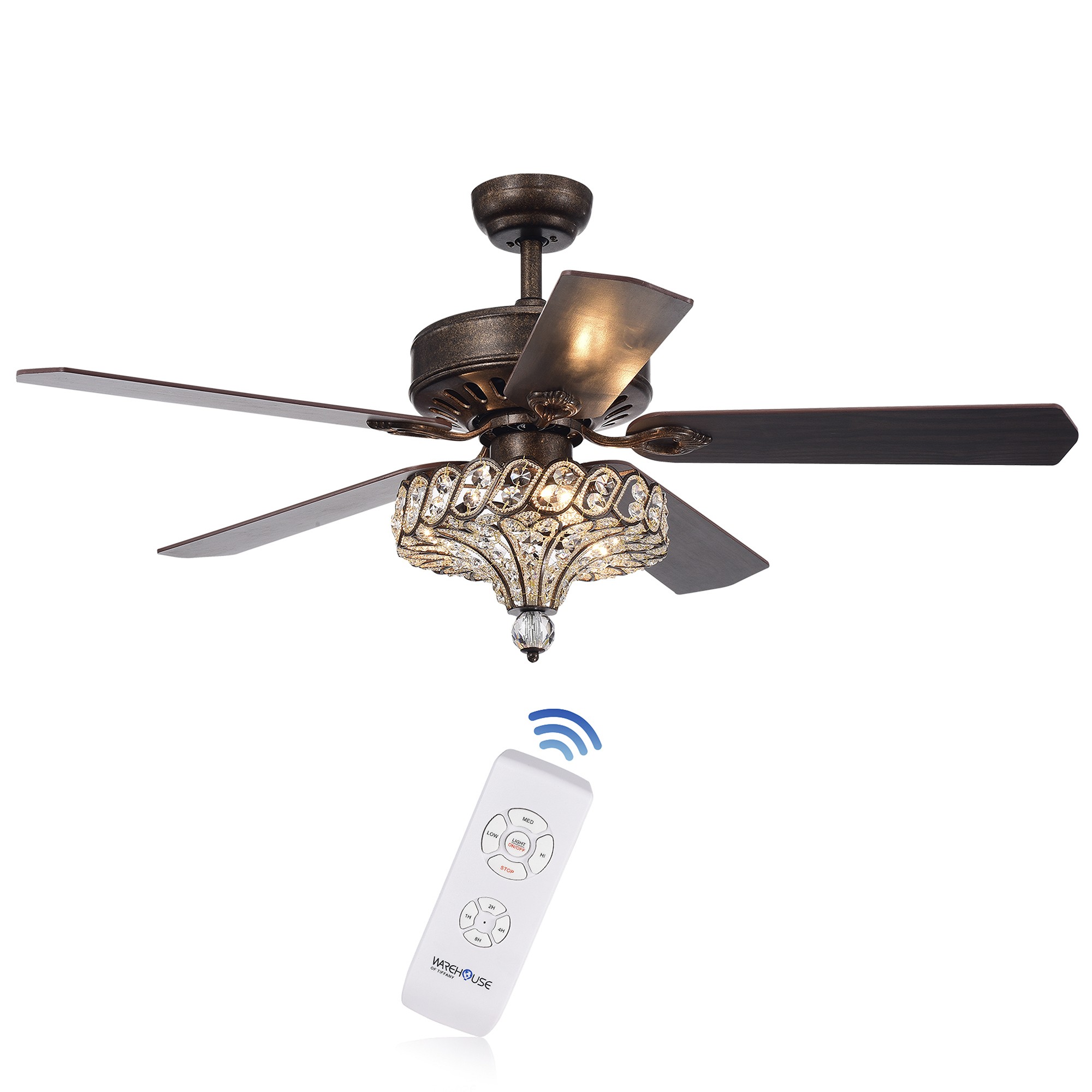 Pilette 5-Blade Antique Speckled Bronze Lighted Ceiling Fan w Crystal Shade Optional Remote Control (incl 2 Color Choice Blades)
