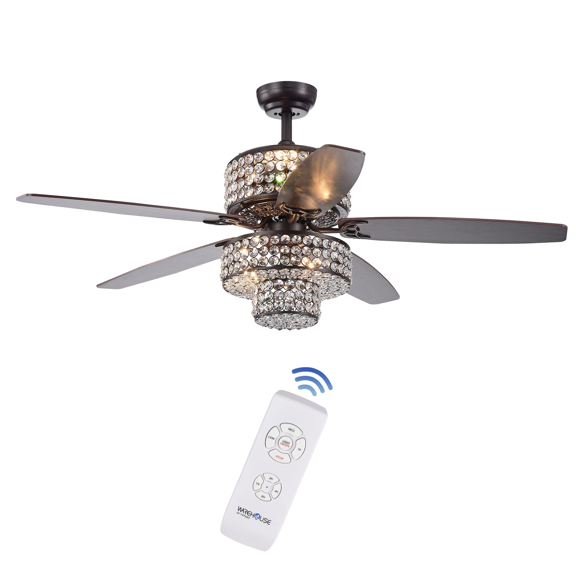 Tierna 5-Blade 52-Inch Rustic Bronze Lighted Ceiling Fans Two-Tiered Crystal Shade Optional Remote (incl 2 Color Option Blades)